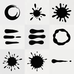 A grid of nine black ink shapes including circles splatters and lines on a white background minimalistic