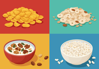 Four panels display cornflakes oatmeal with banana yogurt with nuts and puffed rice