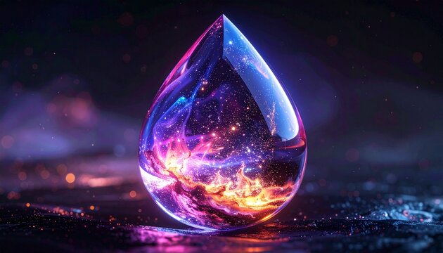 Glimmering cosmic essence encapsulated within a single, futuristic droplet, revealing intricate fractal light patterns against a dark, mystical background