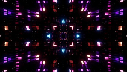 Abstract, symmetrical digital artwork with glowing, colorful geometric shapes creating a kaleidoscopic effect