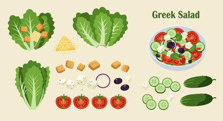 Illustration of Greek salad ingredients displayed around a finished bowl