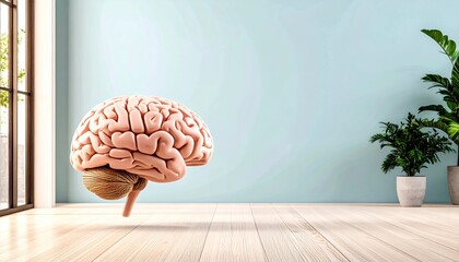 Digital Human Brain With Data Streams Holographic Effects on Light Blue Wall Background