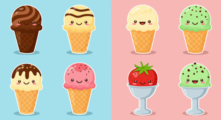 Kawaii ice cream cones and sundaes set against pink and blue backgrounds