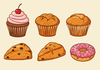 Six baked goods displayed in two rows cupcake two muffins two scones and a donut