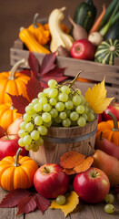 Autumn harvest scene: apples, pears, pumpkins, grapes in wooden bucket, autumn leaves Wooden background Showcase of fall produce Thanksgiving or autumn concept