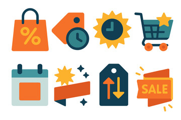 Sale Icons. Sale Variations set of icons in abstract flat : shopping bag with percentage, sale tag with clock, starburst badge with discount,