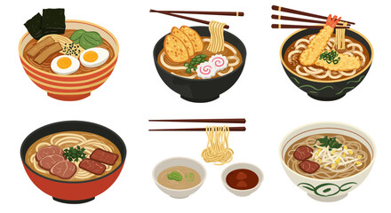 Six bowls of Japanese noodles including ramen and udon with various toppings and condiments