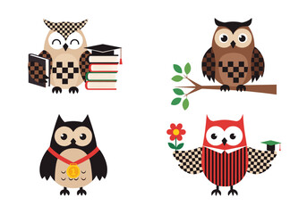 Obraz premium Cute Cartoon Owls Collection Representing Education and Wisdom.