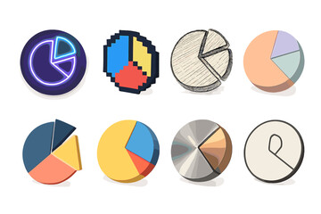 Diverse Pie Chart Styles. Creative Variations set icons in modern isometric flat : neon glowing pie chart, pixel art pie chart, hand-drawn sketch pie