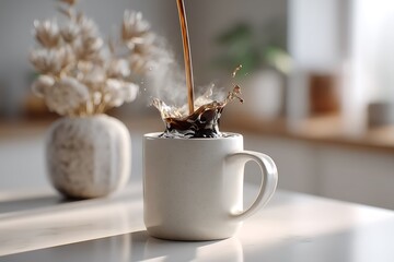 Pouring warm coffee into a minimalist white mug in a cozy kitchen, captured in a still-life photography style with soft, natural lighting.