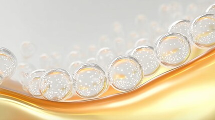 A close-up view of transparent spherical beads with internal speckles, arranged in a curved line on a smooth, golden-yellow surface.