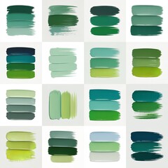A collection of green paint swatches arranged in a grid pattern on a white background surface view