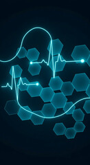 Fototapeta premium Abstract image of glowing cyan heartbeat line on dark background with hexagon pattern, symbolizing health, technology, or medical concept Free space for text