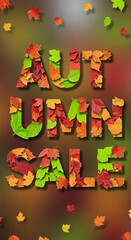 Naklejka premium Autumn sale announcement banner, words formed from colorful autumn leaves against blurred background, ideal for seasonal promotions and advertising