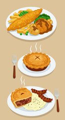 Three plates of traditional British savory foods including fish and chips pies and sausages with mash