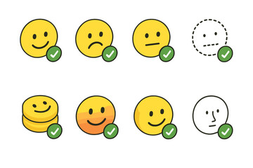 Isometric Emotion Icons. Check-in Variations set icons in modern isometric flat : smiling face with tick, sad face with tick, neutral face with tick,