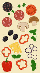 Various pizza ingredients scattered on a light yellow background
