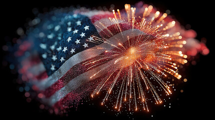 Fireworks illuminate the american flag on dark background for festive national celebration