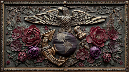 Wide view of bronze plaque with purple heart emblem adorned by flags and flowers honoring heroes