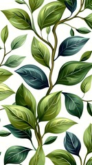 Obraz premium Green leaves botanical seamless pattern on white background