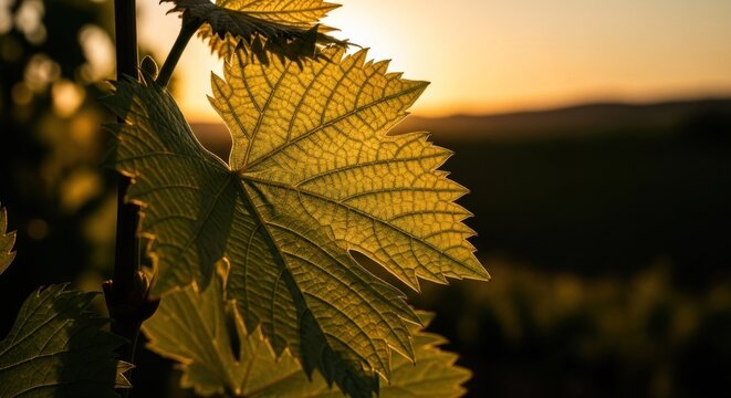 Vine leaf backlit by sunset; field blurred in background