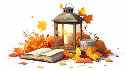 3D cozy autumn equinox setting with lantern, book, and cup of tea among colorful fall leaves, isolated background for seasonal and lifestyle visuals