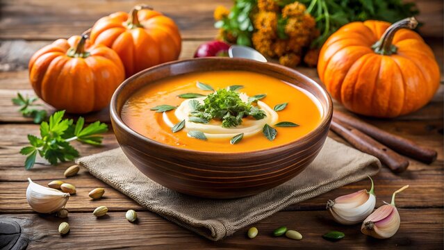 Bowl of creamy pumpkin soup with garnish
