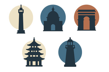 Obraz premium Iconic landmarks silhouette collection representing global architecture styles in a simple design