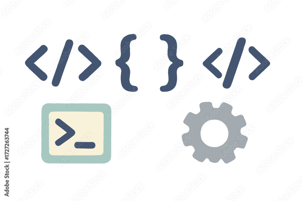 Wall mural coding symbols and tools depicted in a flat design style for programming and development