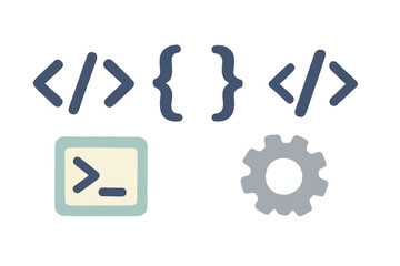Coding symbols and tools depicted in a flat design style for programming and development