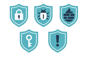 Symbols of online security and protection shown through various shields, representing privacy, safety, and data integrity for internet users