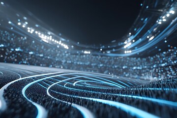 Professional stadium with abstract blue designs, captured using Generative AI technology for a modern sports setting.