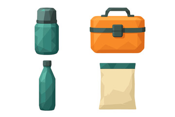 Naklejka premium Colorful geometric designs of lunch items including a thermos, lunch box, water bottle, and snack bag on a white background