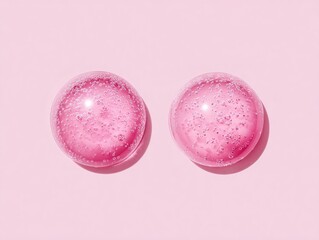 Two translucent pink spheres with internal bubbles resting on a soft pink background, showcasing a minimalist and abstract aesthetic.