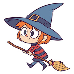 Cute Witch Riding Broomstick Halloween Cartoon