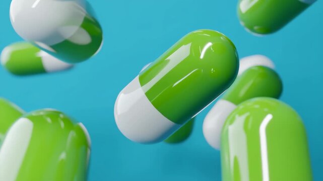 Green and white capsules floating in mid-air against a blue background
