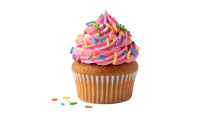 Cupcake with pink frosting and sprinkles isolated PNG with Transparent Background
