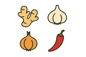 Fresh spices and vegetables displayed on a simple background for cooking inspiration in a kitchen setting