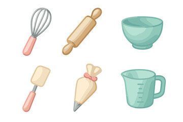 Essential baking tools including whisk, rolling pin, bowl, spatula, piping bag, and measuring cup on a clean background