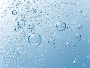 Close-up of shimmering water bubbles against a soft blue background, capturing the delicate interplay of light and liquid.