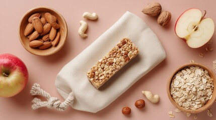 Fototapeta premium A top-down flat lay of a healthy granola bar surrounded by scattered nuts like almonds and cashews, fresh apple halves, and a blue reusable snack bag on a pink background.