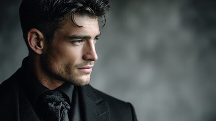 Fototapeta premium Elegant man with aristocratic features in black suit on grey background 