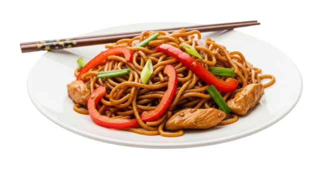 Delicious chicken chow mein served on a plate with chopsticks isolated PNG with Transparent Background