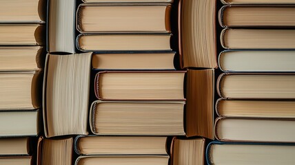 Stack of light brown and white hardcover books in flat lay style, front view minimal book display
