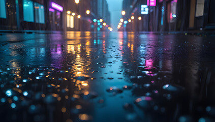 Fototapeta premium Rainy neon-lit street with glowing reflections and bokeh lights