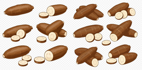 A collection of illustrated cassava roots, some whole and some cut into slices, showcasing the starchy vegetable.