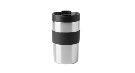 Stainless steel travel mug with black lid and grip isolated PNG with Transparent Background
