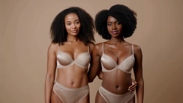 Two beautiful african american women posing in lingerie