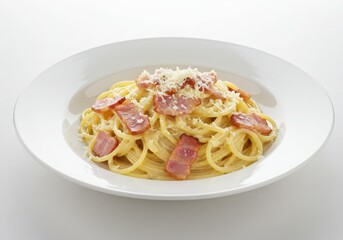 Spaghetti carbonara with bacon and cheese isolated on white background