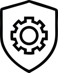 Icon of a shield with a gear inside representing security protection and technical operations or engineering solutions for digital safety